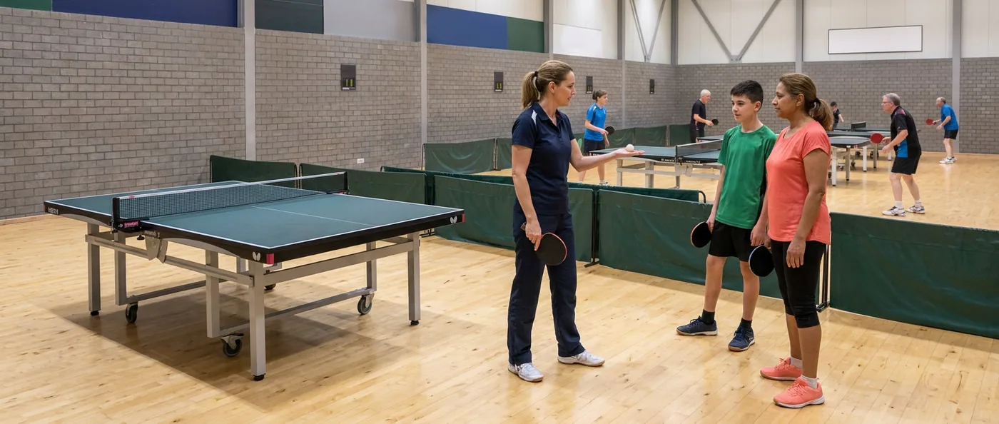 Een trainster laat aan een jongen en een vrouw zien hoe een service begint, de bal stil op haar open hand, alle drie een meter achter de tafel in een clubzaal