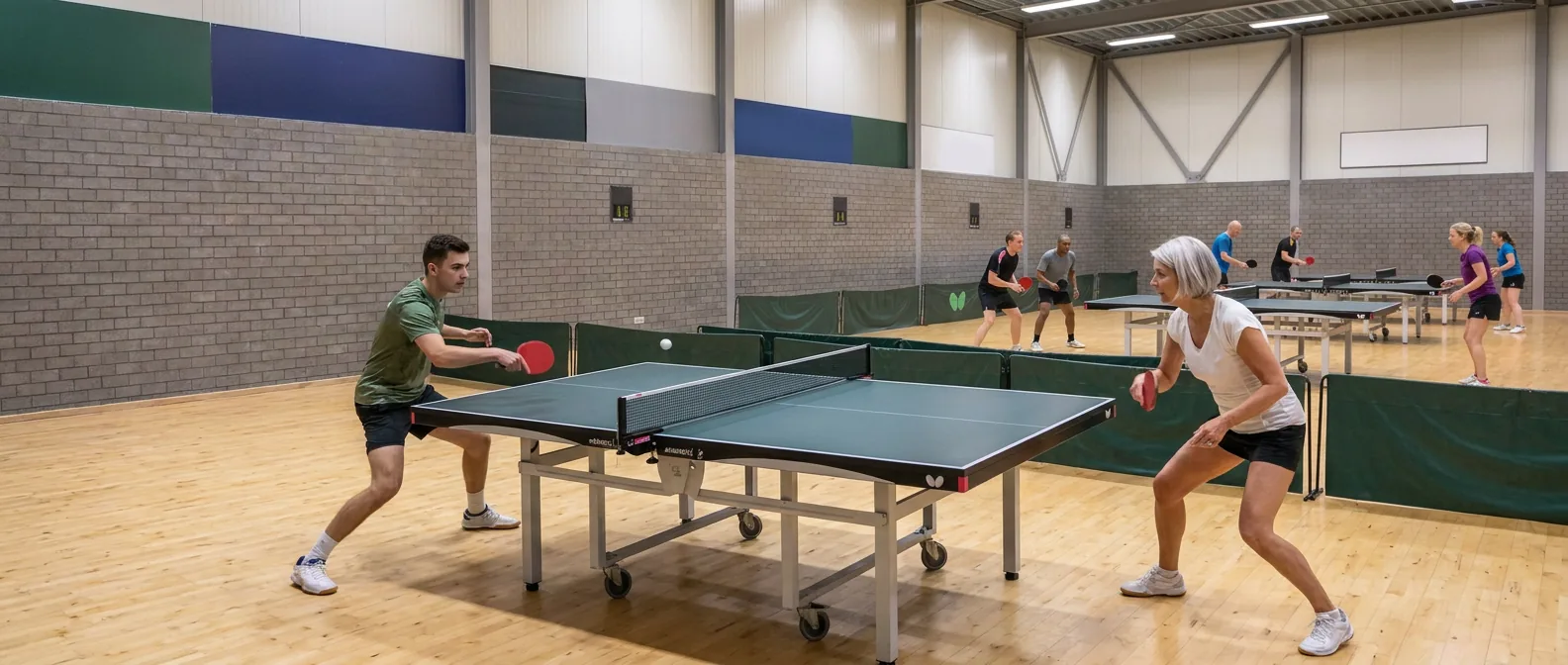 Twee spelers in een rally aan een tafeltennistafel in een clubzaal, de bal boven het net