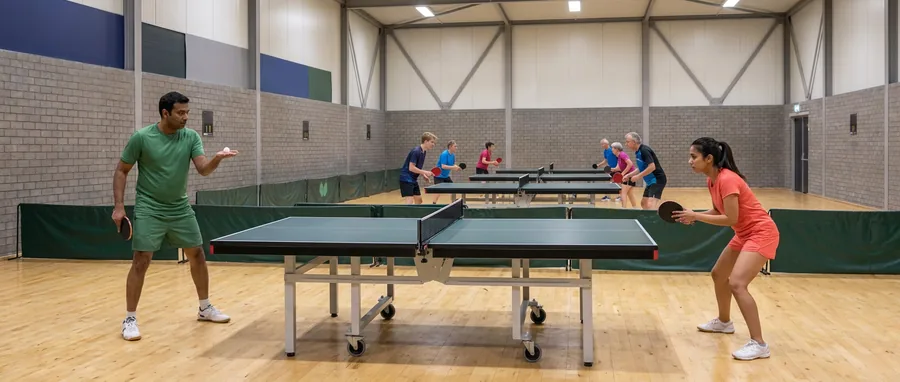 Een speler staat een meter achter de tafel klaar om te serveren, de bal stil op zijn open hand, de ontvanger kijkt toe