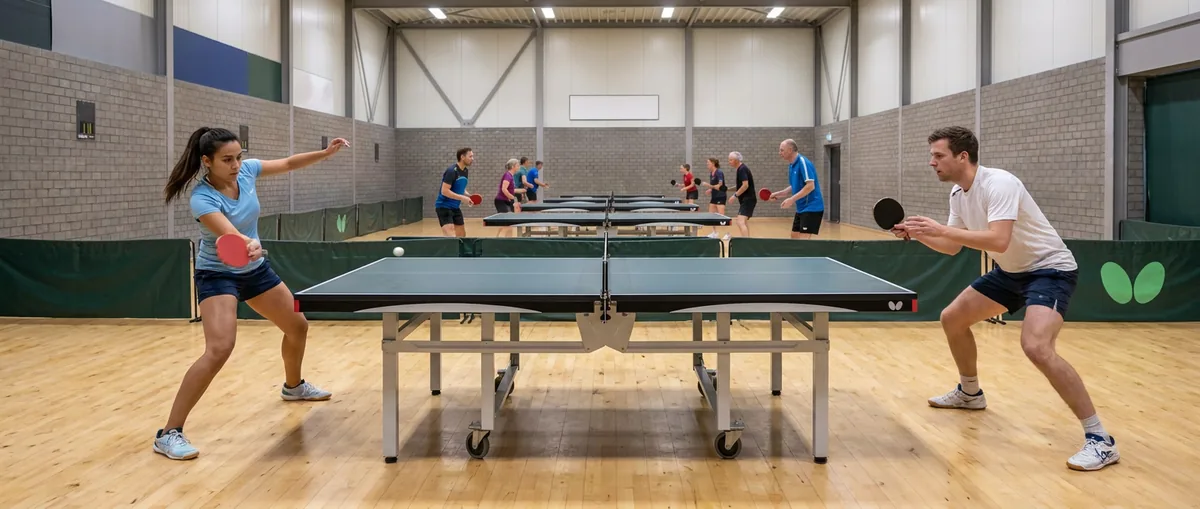 Twee spelers in een rally aan een tafeltennistafel: zij slaat een forehandtopspin, hij staat klaar achter zijn eindlijn