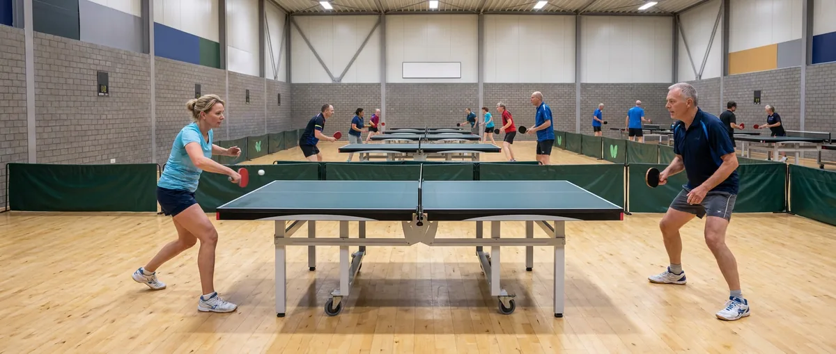Een vrouw slaat een forehandtopspin aan een tafeltennistafel terwijl haar tegenstander klaarstaat