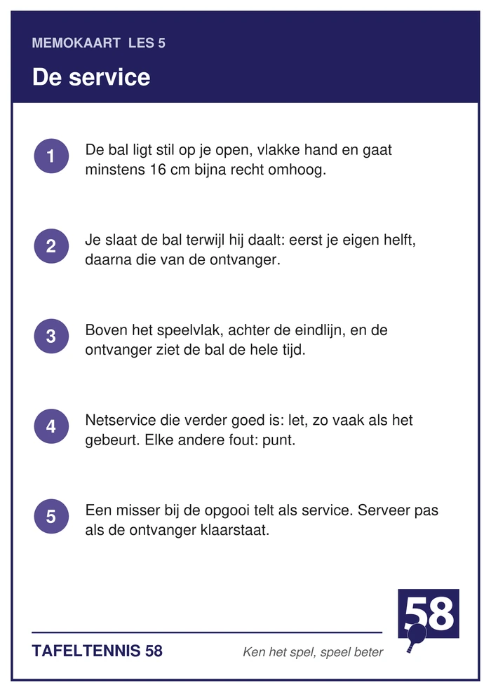 Memokaart van les 5 met de vijf punten over de service